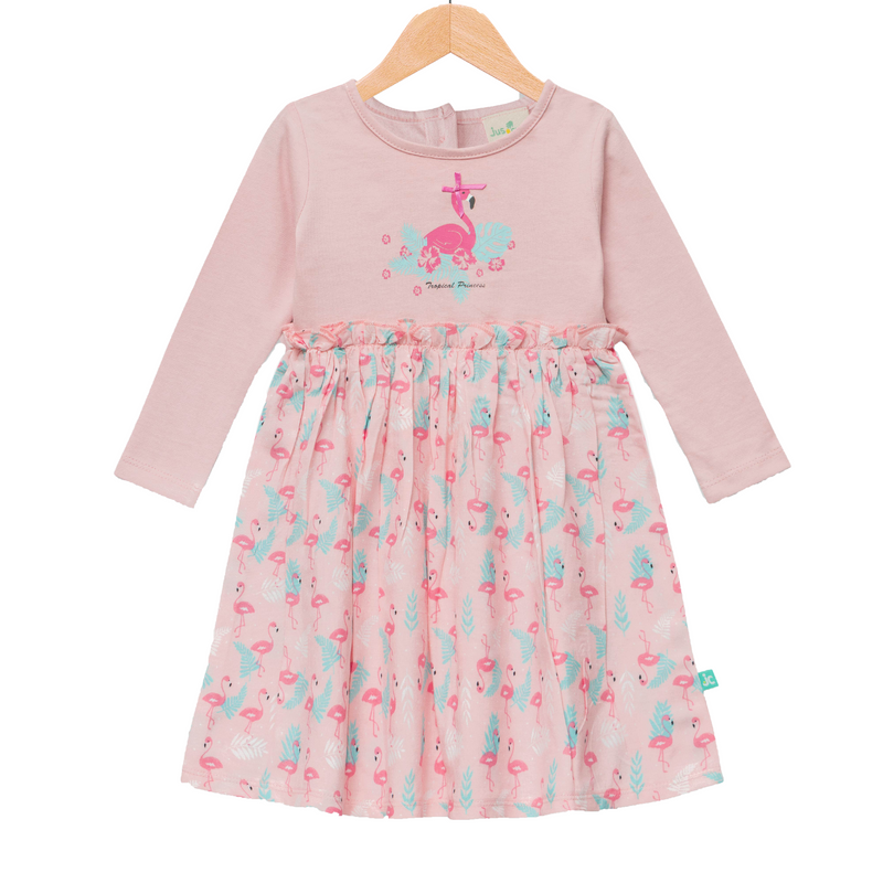 Pink Flamingo Full Sleeve Flair Dress for Toddlers