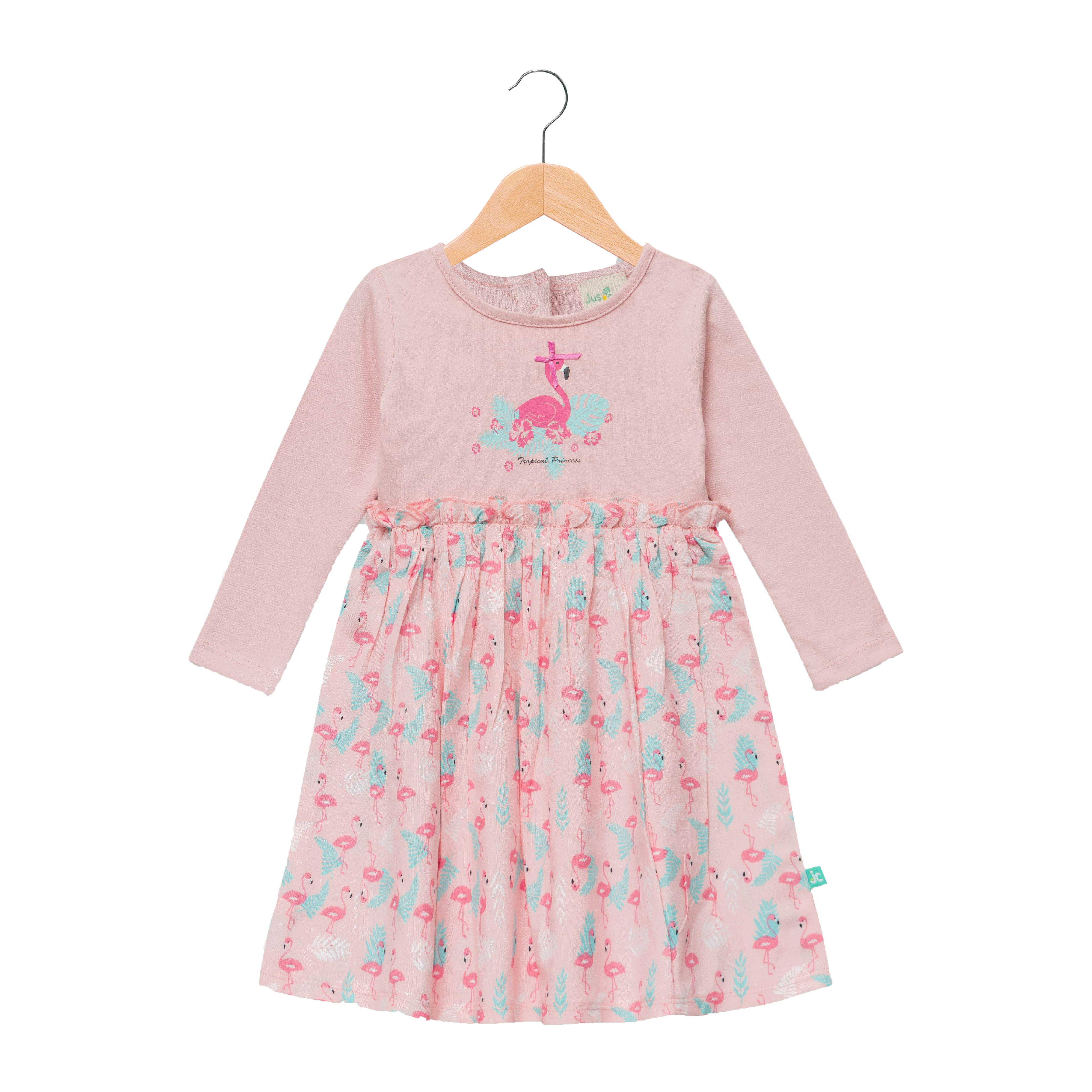Pink Flamingo Full Sleeve Flair Dress for Toddlers