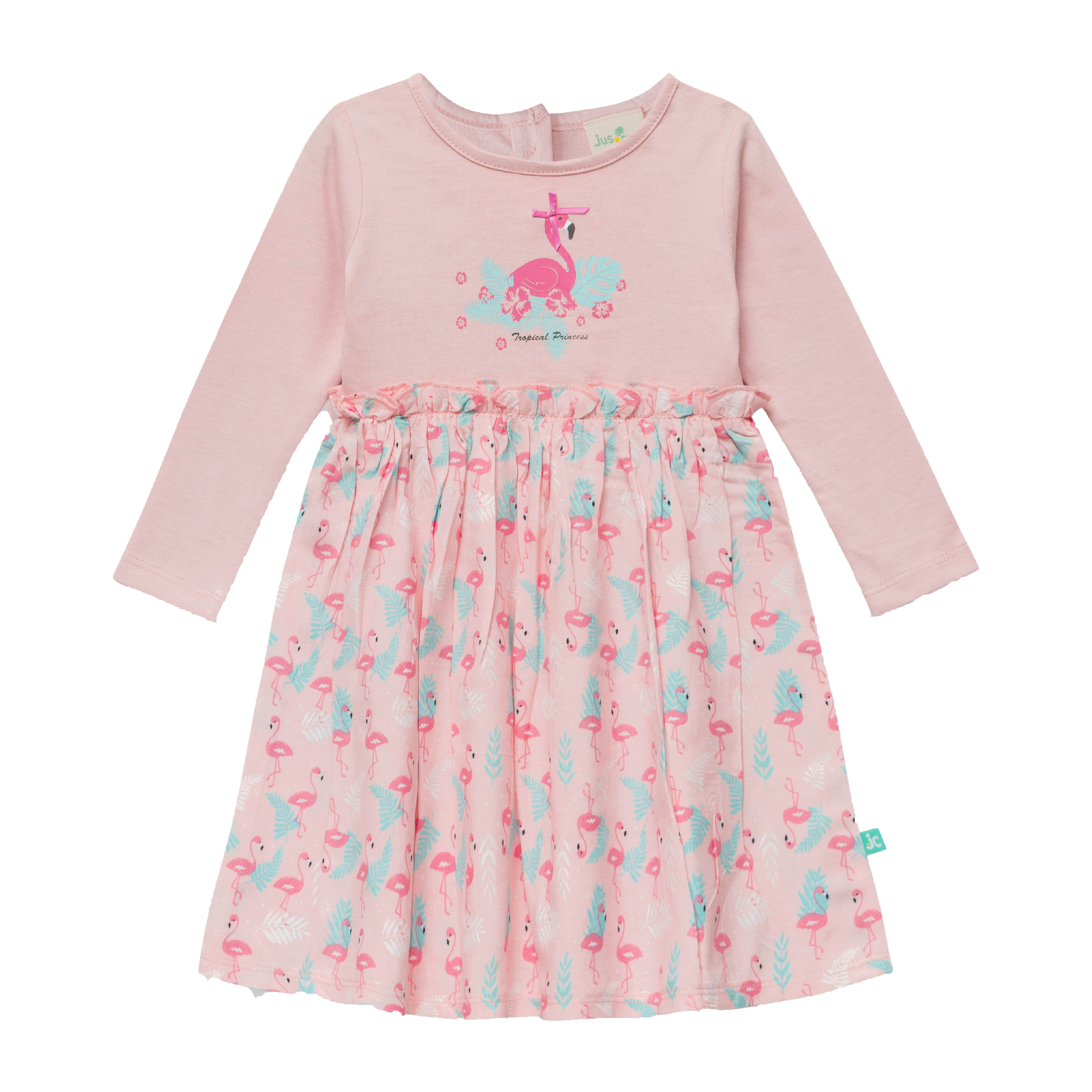 Pink Flamingo Full Sleeve Flair Dress for Toddlers