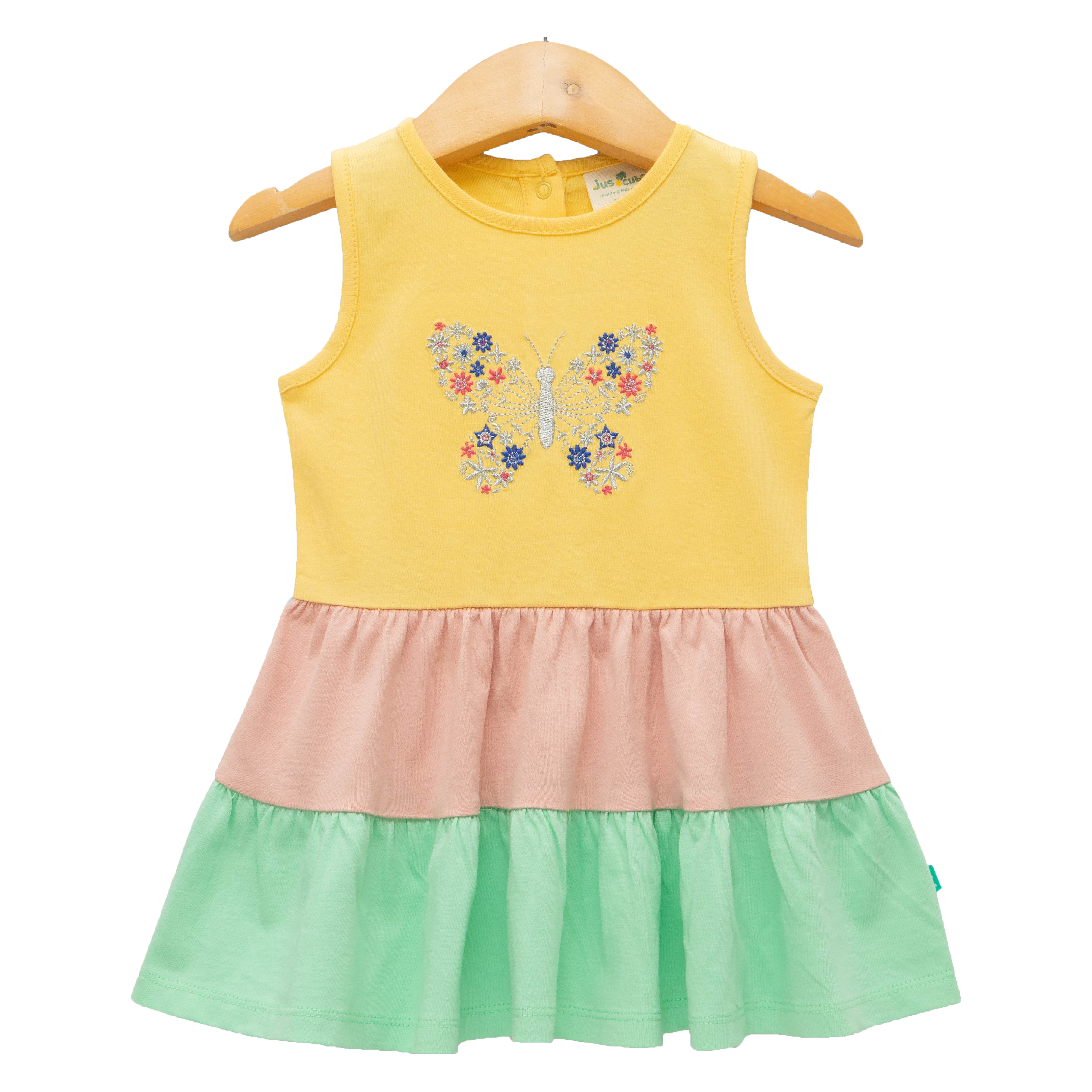 Adorable Sleeveless Tiered Dress with Butterfly Embroidery