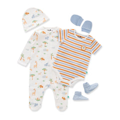 Organic Safari Baby Essentials Set – 5-Piece (Sleeper, Bodysuit, Hat, Mittens & Booties)