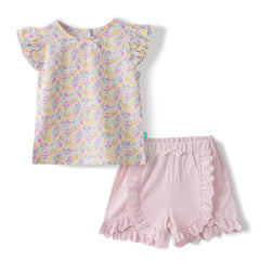 Organic Toddler Girls’ Floral Ruffle Sleeve Top & Lace Trim Shorts Set