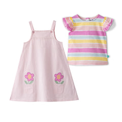 Organic Toddler Girls’ Floral Pocket Pinafore Dress & Striped Flutter Sleeve T-Shirt Set