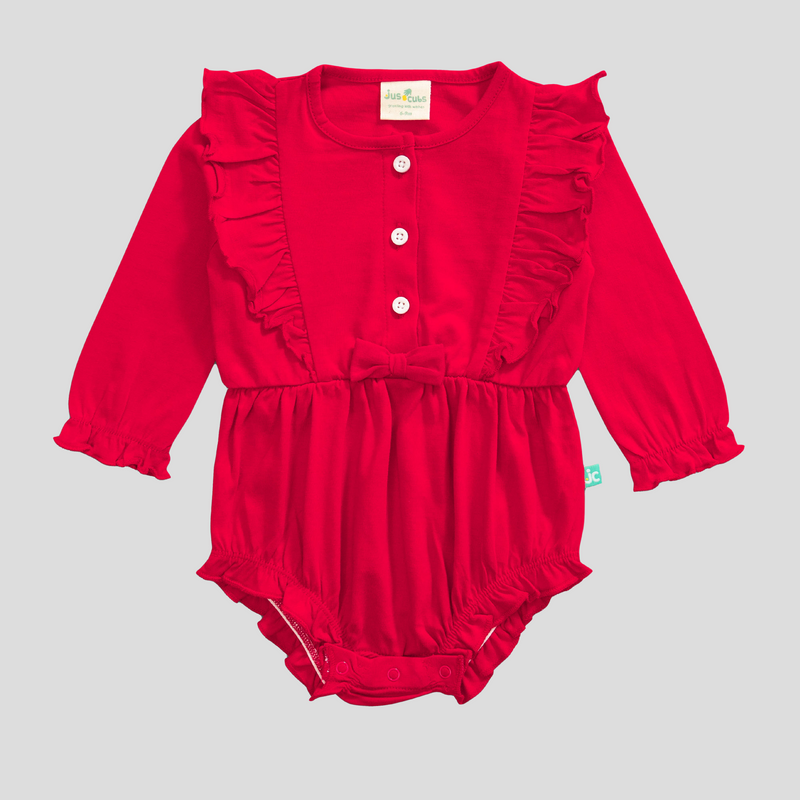 Ruffled Solid Full Sleeve Onesie for Baby Girls - Red