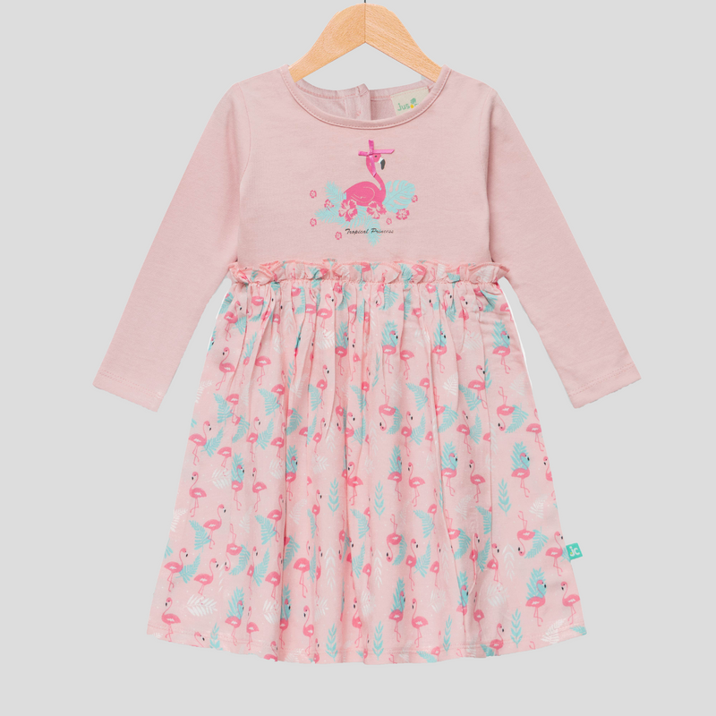 Pink Flamingo Full Sleeve Flair Dress for Toddlers