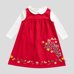 Full Sleeve Peter Pan Pinafore Dress for Toddler Girls - Red