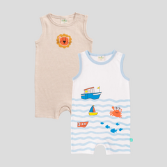 Sleeveless Striped & Printed Romper for Baby Boys - Pack of 2