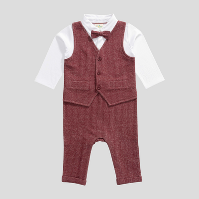 Gentleman Waistcoat Bowtie Romper for Baby Boys - Maroon