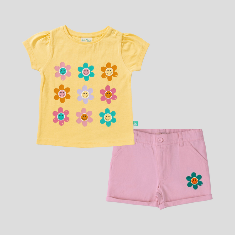 Puff Sleeve Flower Tee and Shorts Set for Toddlers