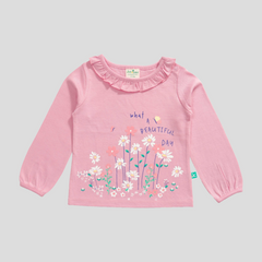 Ruffle Full-Sleeve Garden Pink T-Shirt for Toddler Girls